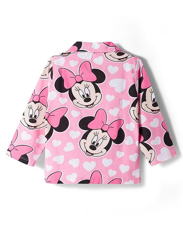 Babyhug Disney 100% Cotton Knit Full Sleeves Co-Ords Front Open Shirt & Pyjama Night Suit With Minnie Mouse Print - Pink