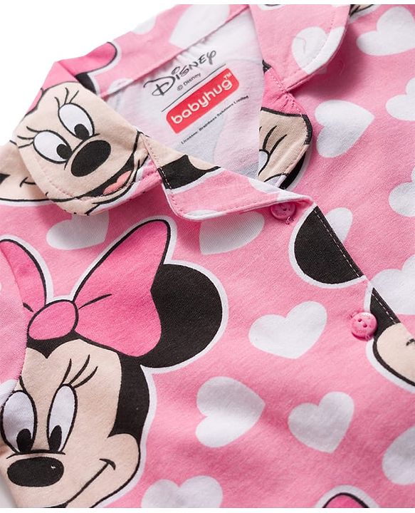 Babyhug Disney 100% Cotton Knit Full Sleeves Co-Ords Front Open Shirt & Pyjama Night Suit With Minnie Mouse Print - Pink