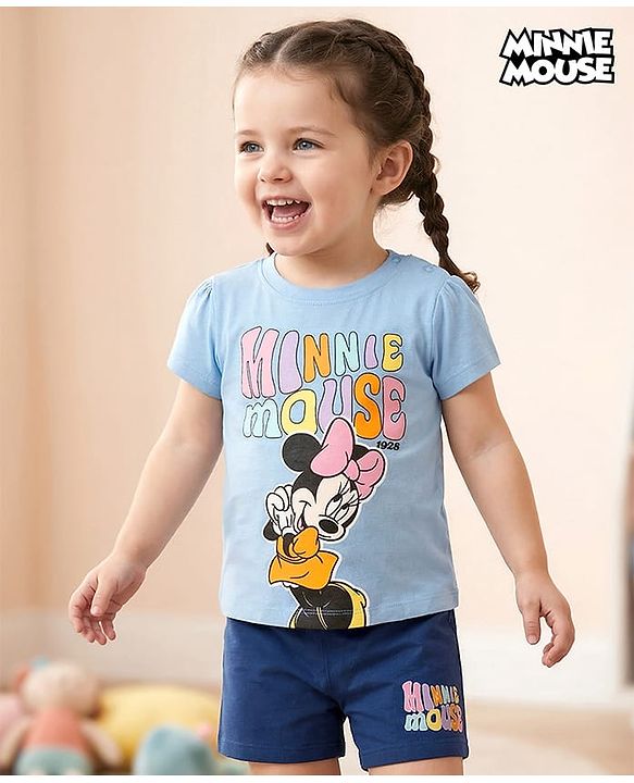 Babyhug Disney Single Jersey Knit Half Sleeves T-Shirt & Shorts Night Suit Set with Minnie Mouse Graphic- Light Blue