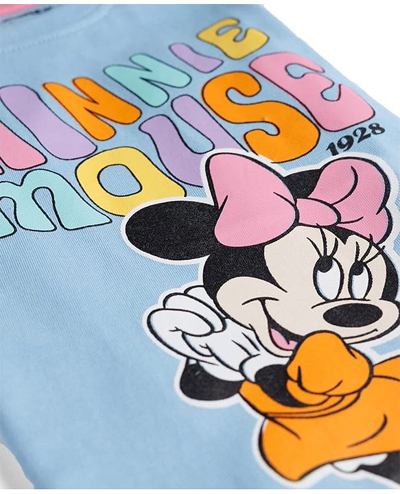 Babyhug Disney Single Jersey Knit Half Sleeves T-Shirt & Shorts Night Suit Set with Minnie Mouse Graphic- Light Blue