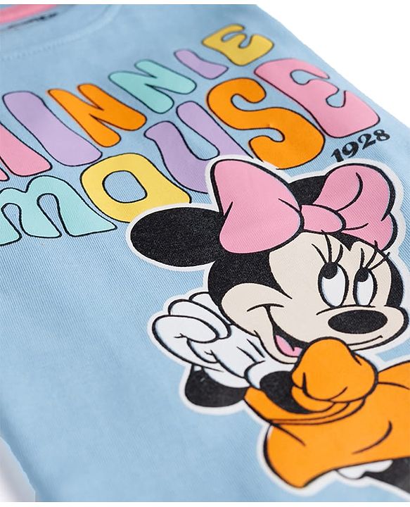 Babyhug Disney Single Jersey Knit Half Sleeves T-Shirt & Shorts Night Suit Set with Minnie Mouse Graphic- Light Blue