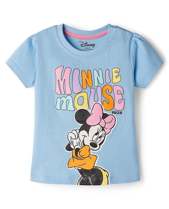 Babyhug Disney Single Jersey Knit Half Sleeves T-Shirt & Shorts Night Suit Set with Minnie Mouse Graphic- Light Blue