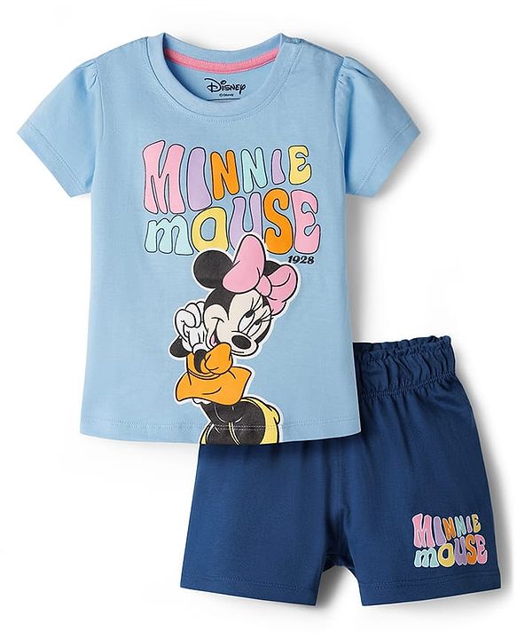 Babyhug Disney Single Jersey Knit Half Sleeves T-Shirt & Shorts Night Suit Set with Minnie Mouse Graphic- Light Blue