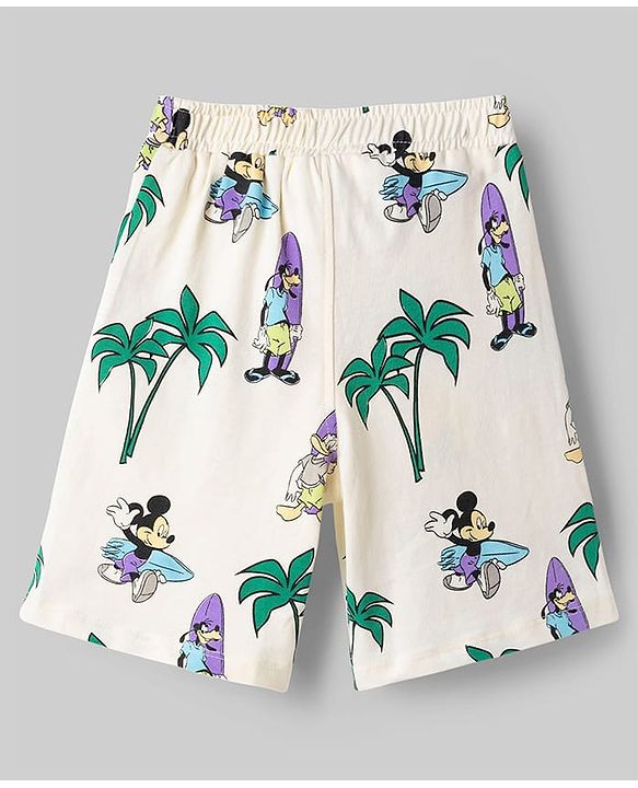Babyhug Disney Single Jersey Knit Half Sleeves T-Shirt & Shorts Set with Mickey Mouse Graphics - Offwhite