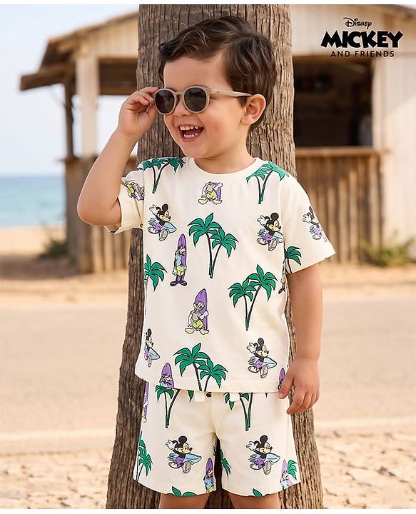 Babyhug Disney Single Jersey Knit Half Sleeves T-Shirt & Shorts Set with Mickey Mouse Graphics - Offwhite