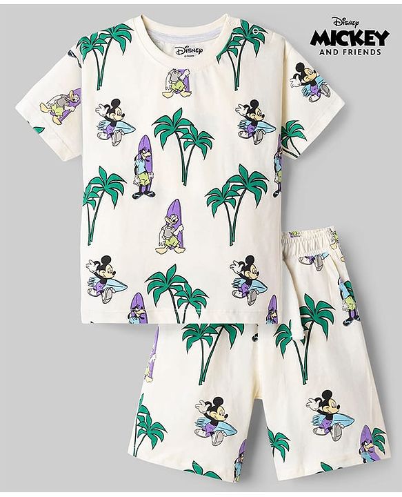 Babyhug Disney Single Jersey Knit Half Sleeves T-Shirt & Shorts Set with Mickey Mouse Graphics - Offwhite