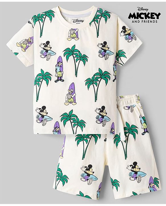 Babyhug Disney Single Jersey Knit Half Sleeves T-Shirt & Shorts Set with Mickey Mouse Graphics - Offwhite