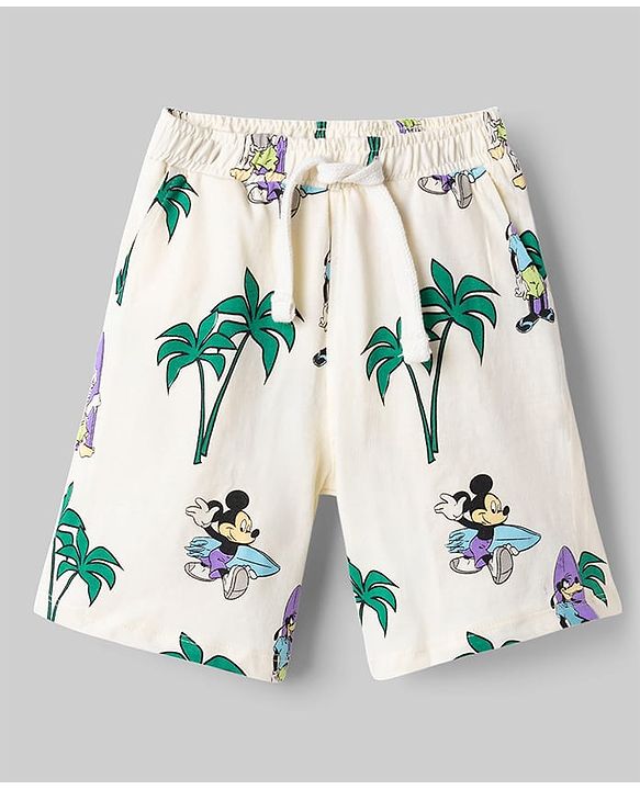 Babyhug Disney Single Jersey Knit Half Sleeves T-Shirt & Shorts Set with Mickey Mouse Graphics - Offwhite