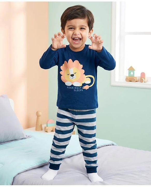 Babyhug Cotton Knit Full Sleeves Lion Printed T-Shirt & Stripped Pyjama Night Suit Set - Navy Blue
