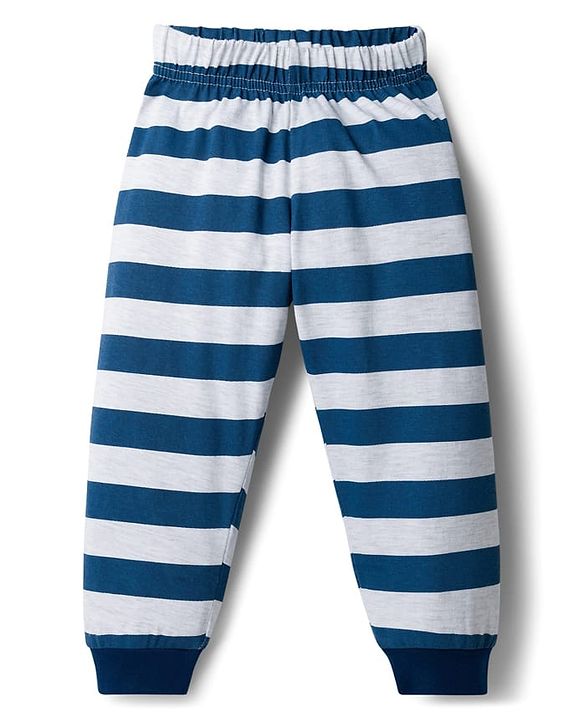 Babyhug Cotton Knit Full Sleeves Lion Printed T-Shirt & Stripped Pyjama Night Suit Set - Navy Blue