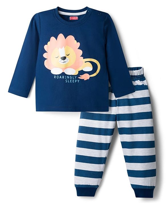 Babyhug Cotton Knit Full Sleeves Lion Printed T-Shirt & Stripped Pyjama Night Suit Set - Navy Blue