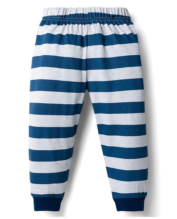 Babyhug Cotton Knit Full Sleeves Lion Printed T-Shirt & Stripped Pyjama Night Suit Set - Navy Blue