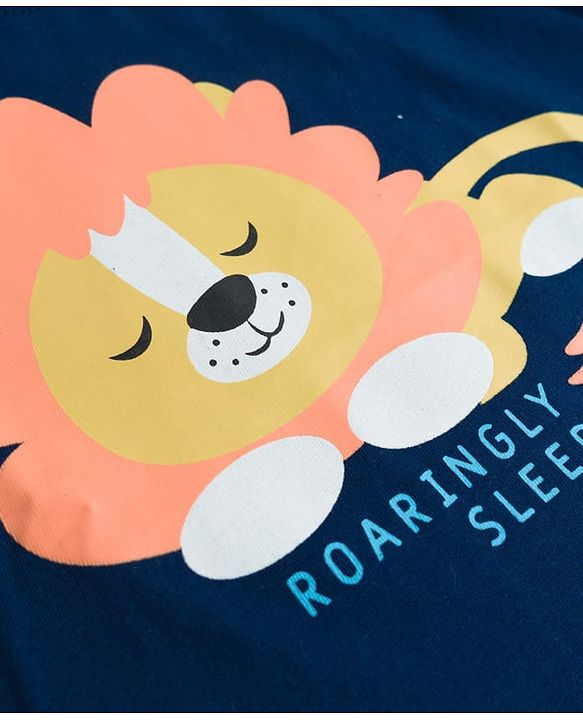 Babyhug Cotton Knit Full Sleeves Lion Printed T-Shirt & Stripped Pyjama Night Suit Set - Navy Blue