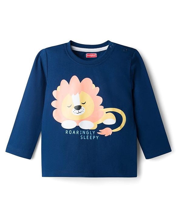 Babyhug Cotton Knit Full Sleeves Lion Printed T-Shirt & Stripped Pyjama Night Suit Set - Navy Blue