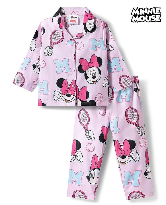 Babyhug Disney Poplin Woven Half Sleeves Shirt & Pyjama Co-ords Night Suit With Minnie Mouse Graphic  - Pink