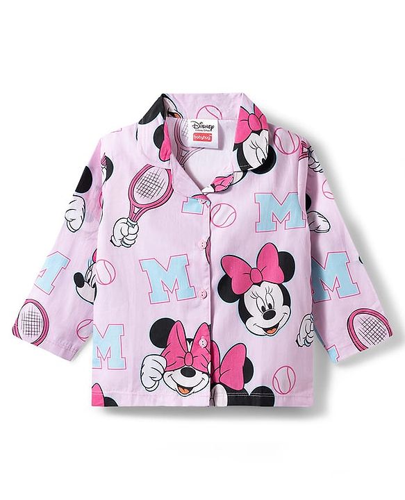 Babyhug Disney Poplin Woven Half Sleeves Shirt & Pyjama Co-ords Night Suit With Minnie Mouse Graphic  - Pink