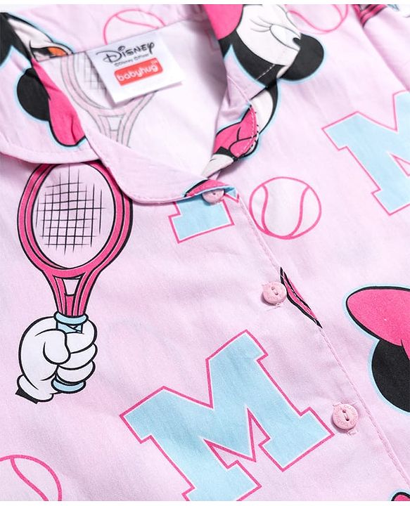 Babyhug Disney Poplin Woven Half Sleeves Shirt & Pyjama Co-ords Night Suit With Minnie Mouse Graphic  - Pink