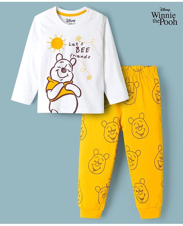 Babyhug Disney Single Jersey Knit Full Sleeves T-Shirt & Pyjama Night Suit With Winnie Graphics - White & Yellow