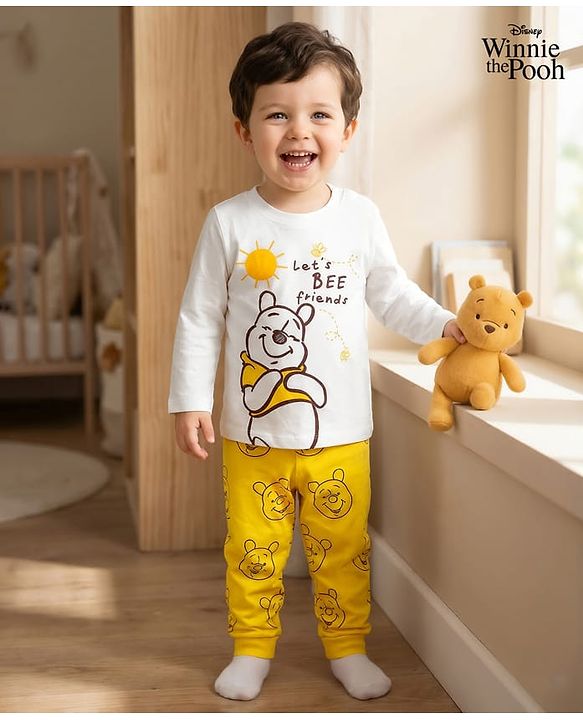 Babyhug Disney Single Jersey Knit Full Sleeves T-Shirt & Pyjama Night Suit With Winnie Graphics - White & Yellow