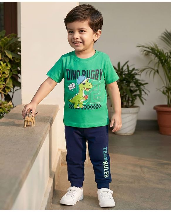 Babyhug Cotton Knit Half Sleeves T-Shirt & Pyjama Night Suit With Dino Print - Green