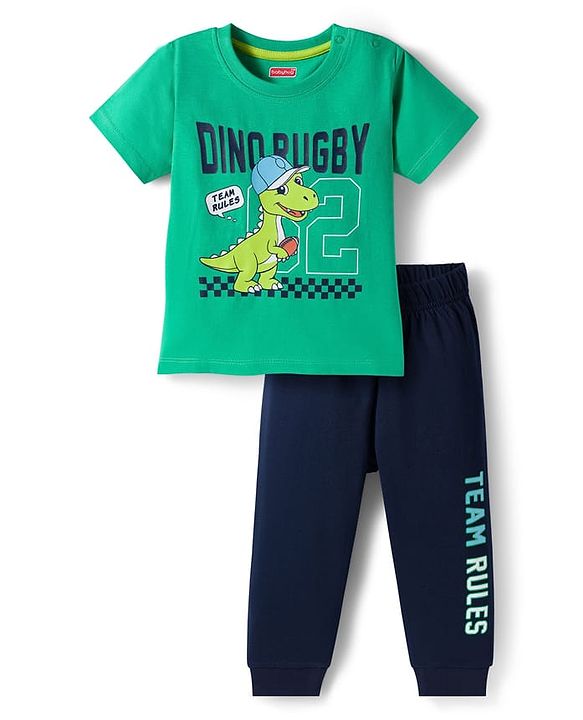 Babyhug Cotton Knit Half Sleeves T-Shirt & Pyjama Night Suit With Dino Print - Green