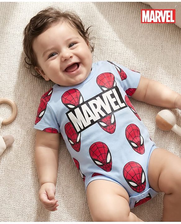 Babyhug Marvel Interlock Knit Half Sleeves Onesie with Spiderman Print - Aqua Blue