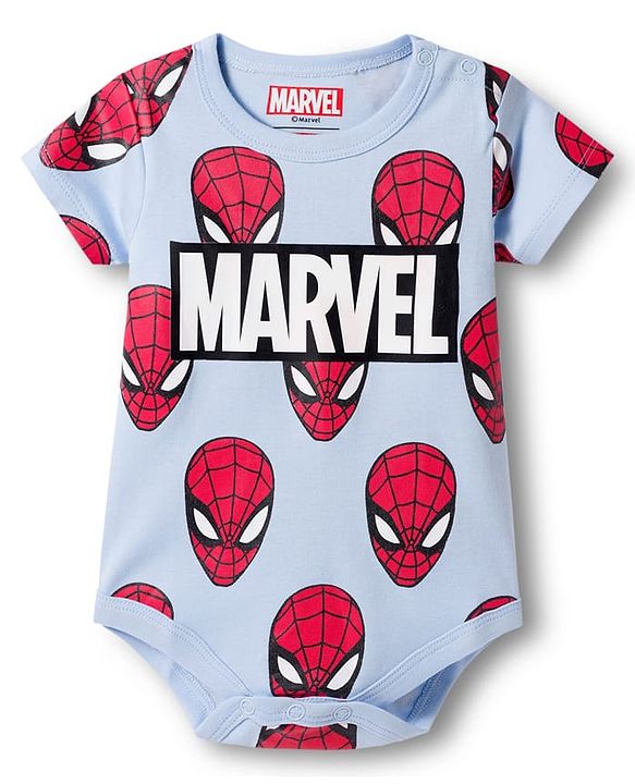 Babyhug Marvel Interlock Knit Half Sleeves Onesie with Spiderman Print - Aqua Blue