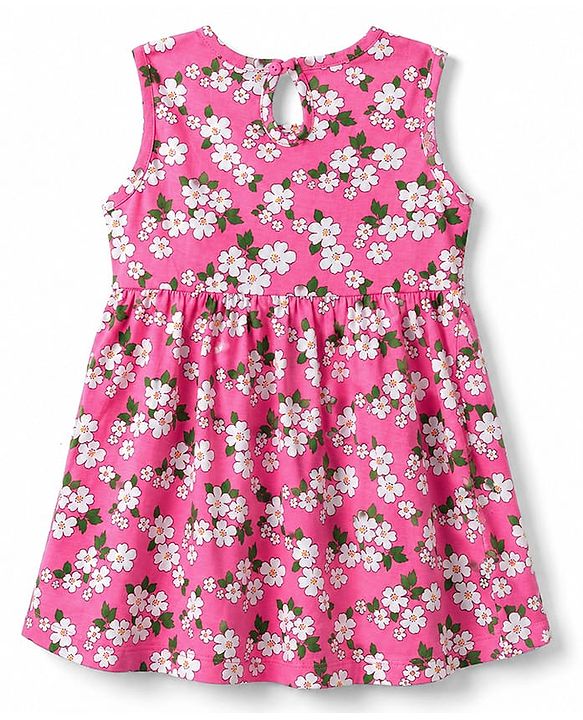 Babyhug 100% Cotton Knit Sleeveless Solid & Floral Printed Frocks With Bow Applique Pack Of 2 - Green & Dark Pink