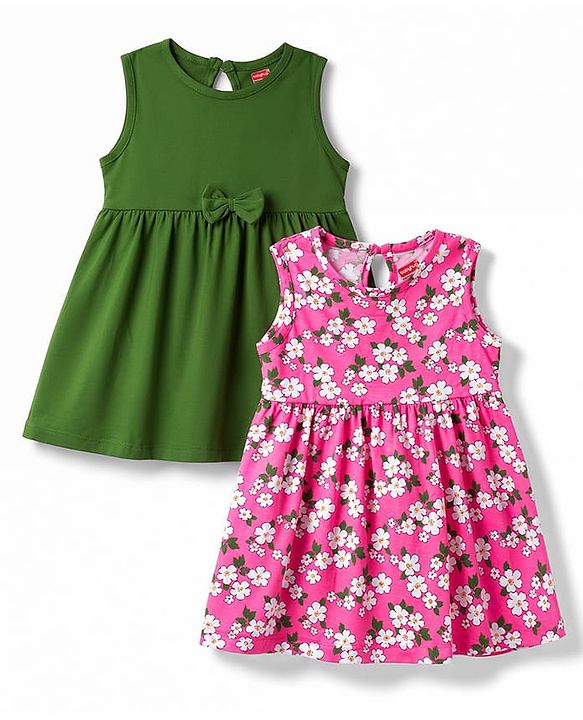 Babyhug 100% Cotton Knit Sleeveless Solid & Floral Printed Frocks With Bow Applique Pack Of 2 - Green & Dark Pink