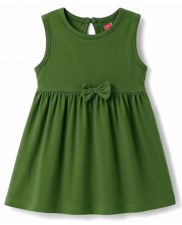 Babyhug 100% Cotton Knit Sleeveless Solid & Floral Printed Frocks With Bow Applique Pack Of 2 - Green & Dark Pink