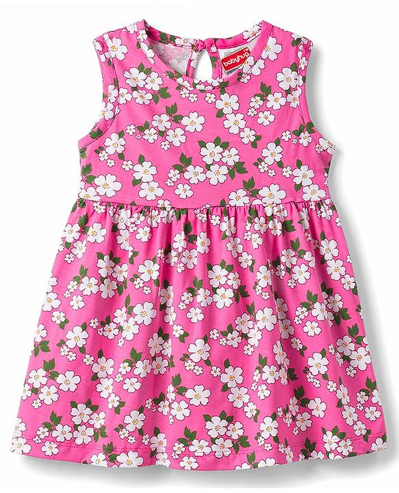 Babyhug 100% Cotton Knit Sleeveless Solid & Floral Printed Frocks With Bow Applique Pack Of 2 - Green & Dark Pink