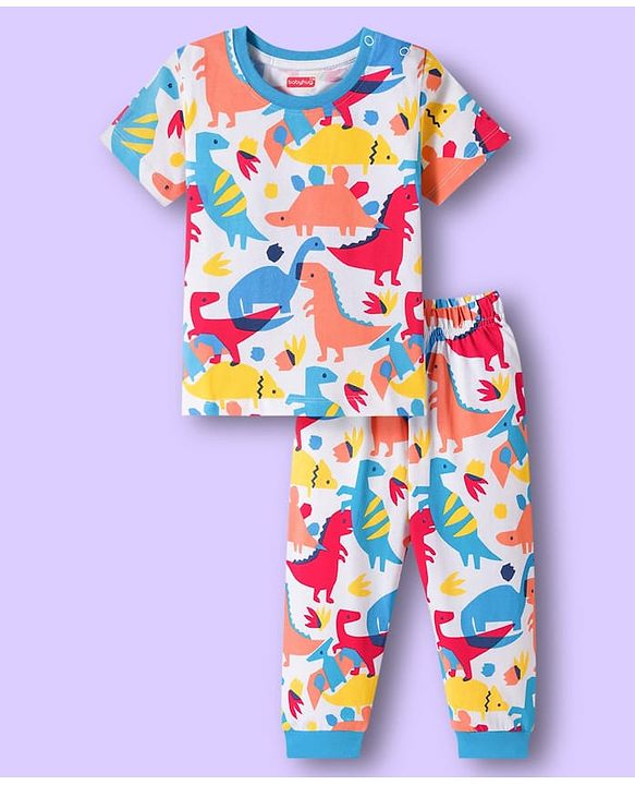 Babyhug Cotton Knit Half Sleeves Co-ords T-Shirt & Pajama Night Suit with Dino Print - Multicolor
