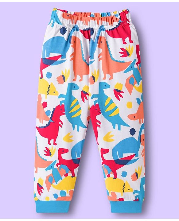 Babyhug Cotton Knit Half Sleeves Co-ords T-Shirt & Pajama Night Suit with Dino Print - Multicolor