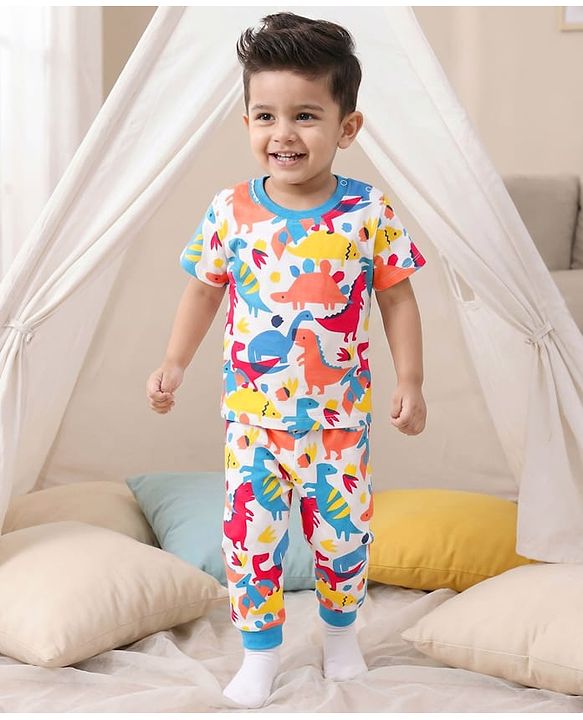 Babyhug Cotton Knit Half Sleeves Co-ords T-Shirt & Pajama Night Suit with Dino Print - Multicolor