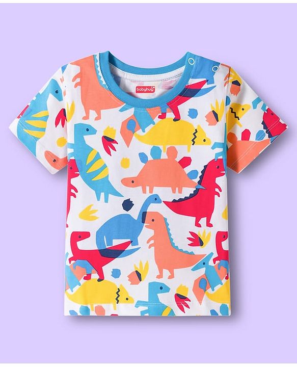 Babyhug Cotton Knit Half Sleeves Co-ords T-Shirt & Pajama Night Suit with Dino Print - Multicolor