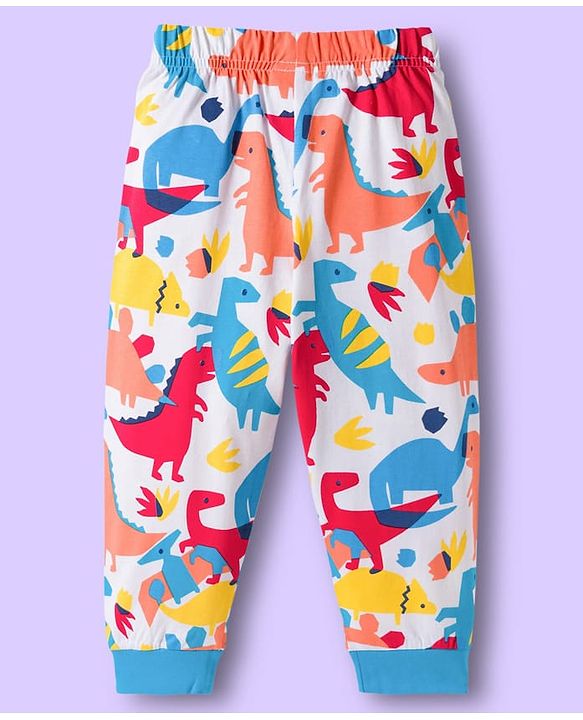 Babyhug Cotton Knit Half Sleeves Co-ords T-Shirt & Pajama Night Suit with Dino Print - Multicolor