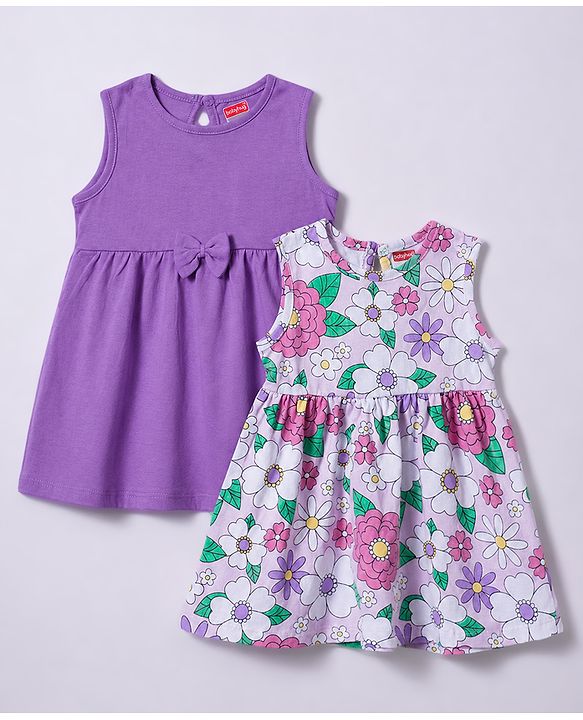 Babyhug 100% Cotton Knit Sleeveless Floral Printed Frock With Bow Applique Pack Of 2 - Multicolor