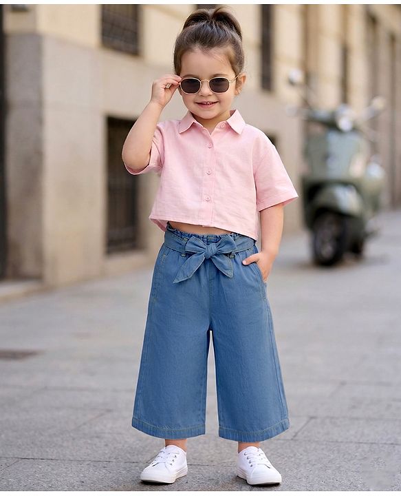 Babyhug Solid Color Denim Capri with Belt - Navy Blue