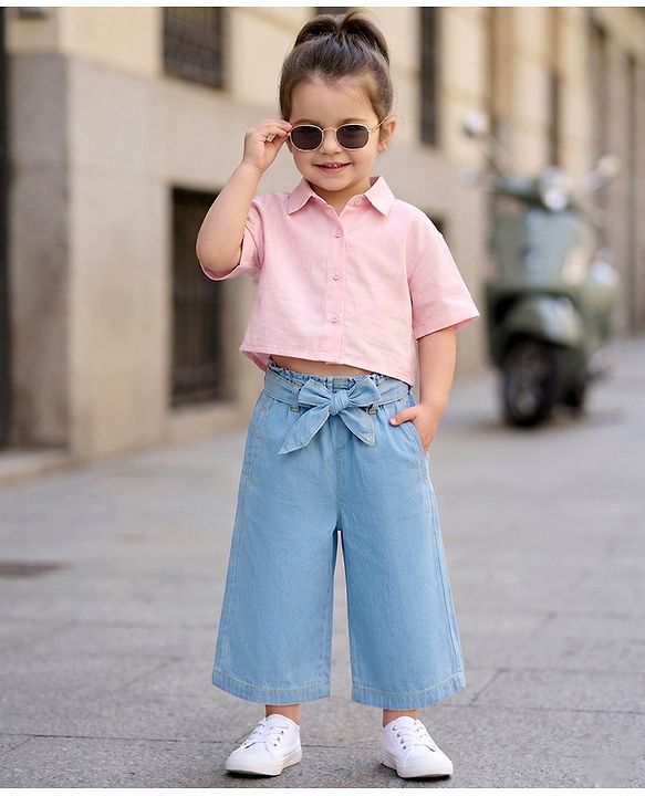 Babyhug Solid Color Denim Capri with Belt - Navy Blue