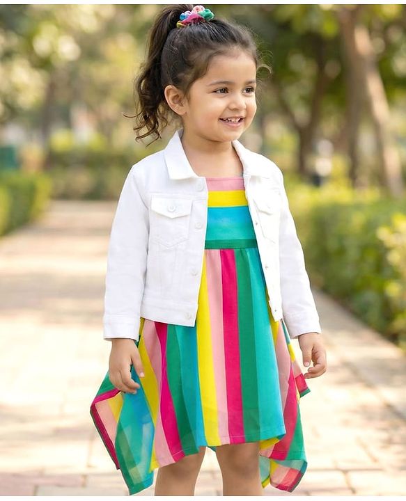 Babyhug Cotton Woven Striped Dress with Full Sleeves Jacket - Multicolor