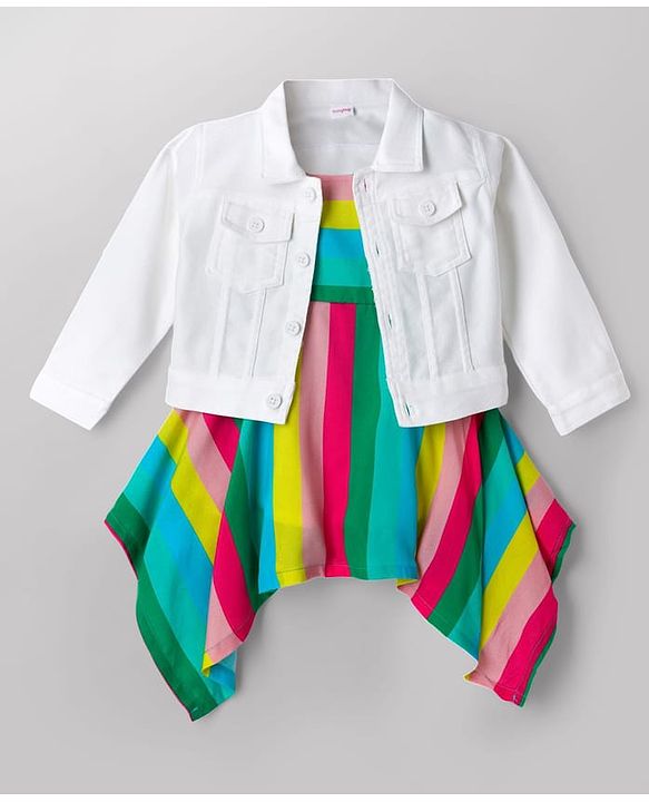 Babyhug Cotton Woven Striped Dress with Full Sleeves Jacket - Multicolor