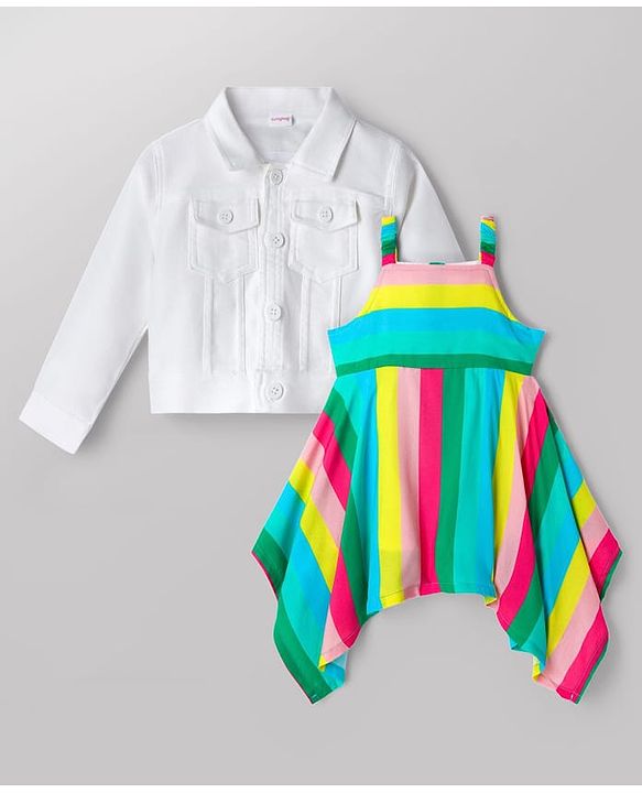 Babyhug Cotton Woven Striped Dress with Full Sleeves Jacket - Multicolor