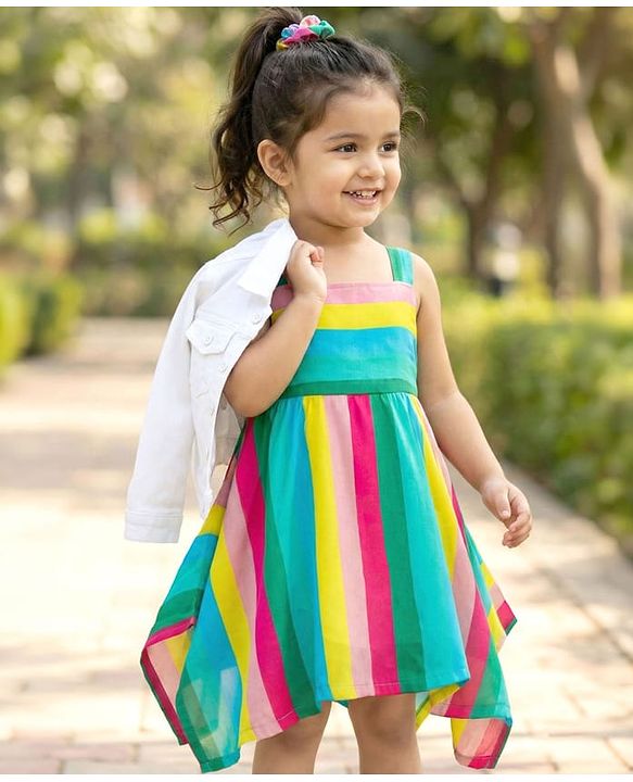 Babyhug Cotton Woven Striped Dress with Full Sleeves Jacket - Multicolor
