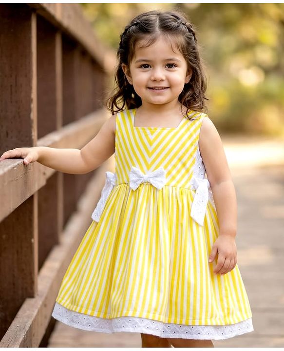 Babyhug Cotton Woven Sleeveless Striped Frock with Bow Applique - Yellow