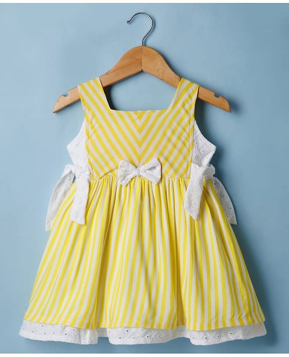 Babyhug Cotton Woven Sleeveless Striped Frock with Bow Applique - Yellow