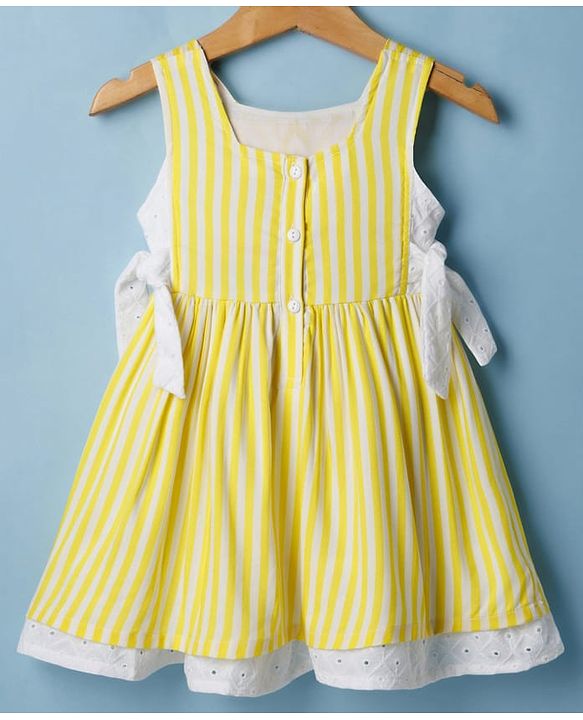 Babyhug Cotton Woven Sleeveless Striped Frock with Bow Applique - Yellow