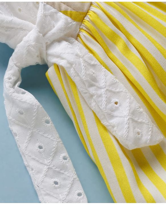 Babyhug Cotton Woven Sleeveless Striped Frock with Bow Applique - Yellow