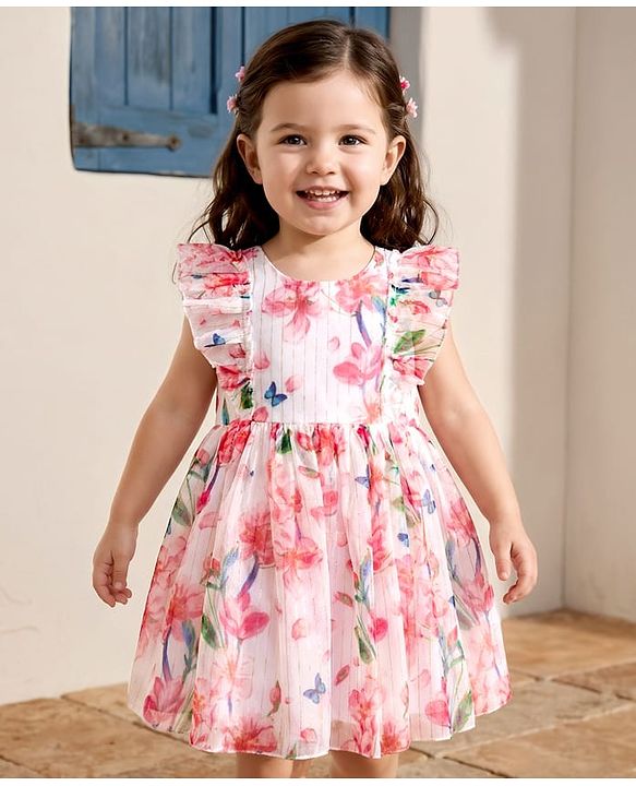 Babyhug Cotton Woven Frill Sleeves Frock With Floral Print - Pink