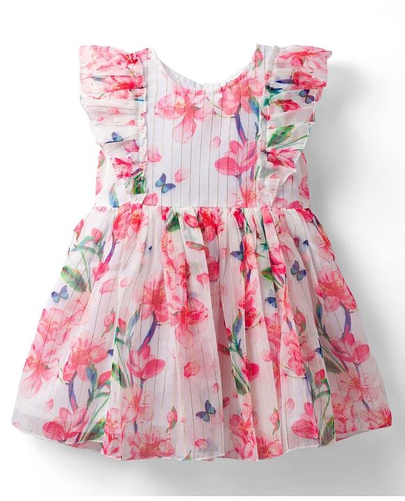 Babyhug Cotton Woven Frill Sleeves Frock With Floral Print - Pink