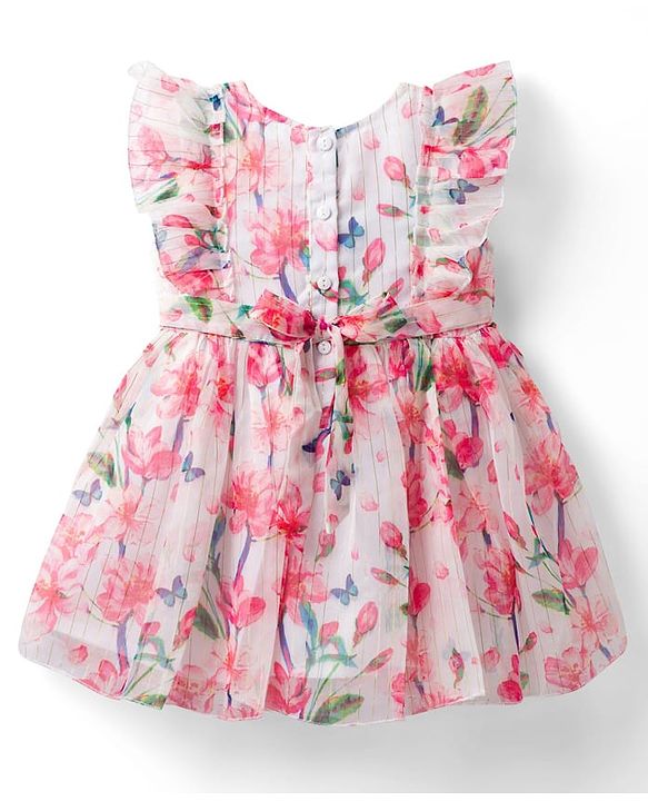 Babyhug Cotton Woven Frill Sleeves Frock With Floral Print - Pink